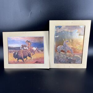 Vintage Foil Print Indian Warrior Hunting Buffalo Native American Lodge Set 2